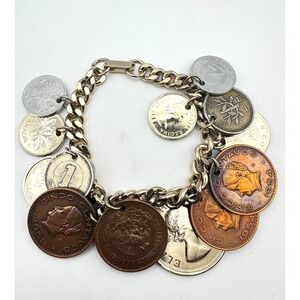 Vintage Coin Charm Bracelet 1950s International Canada Mexico UK Elizabeth II